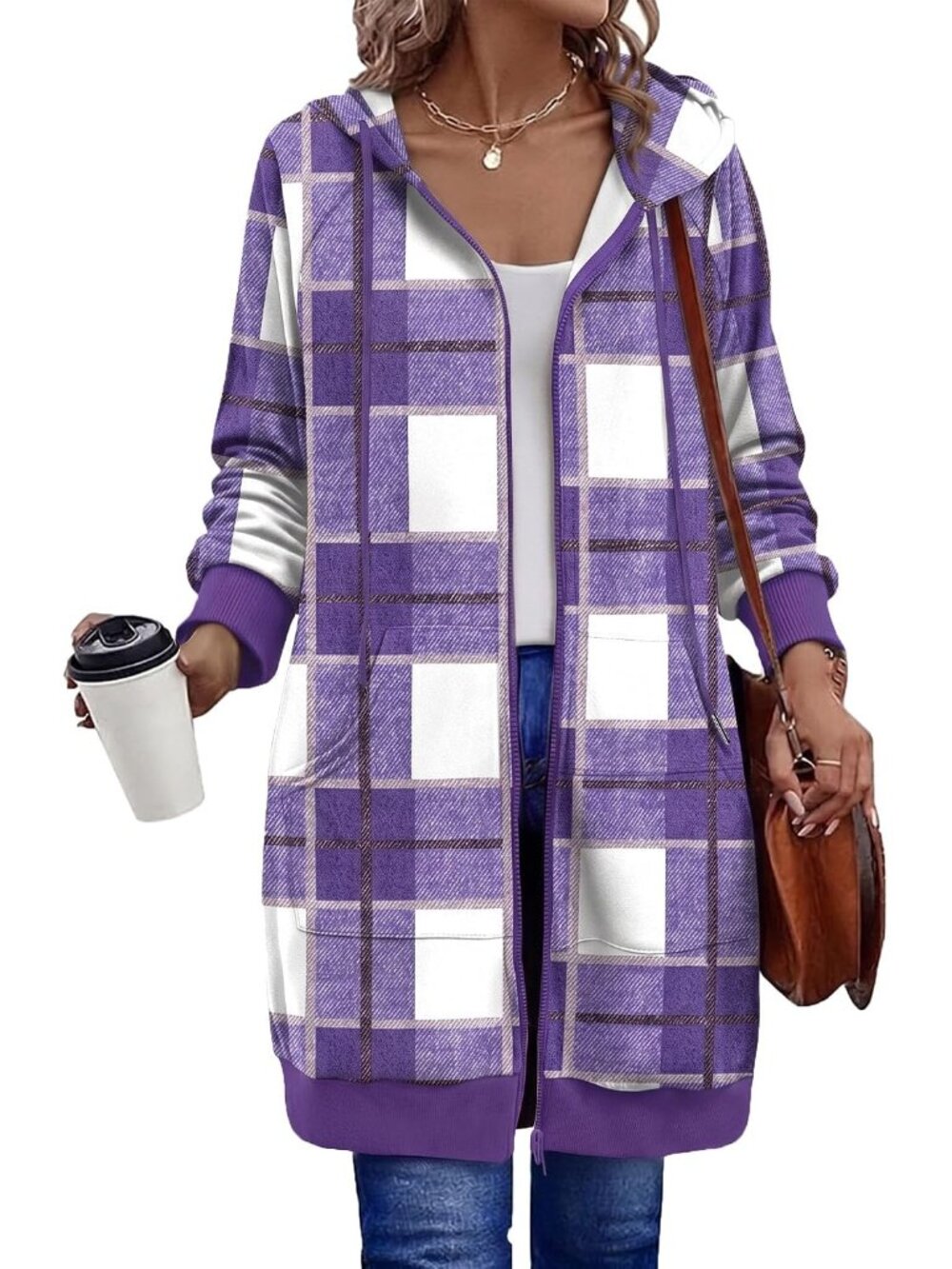Women's Purple White Plaid Oversized Fleece Hoodie Tunic Full Zip Pockets